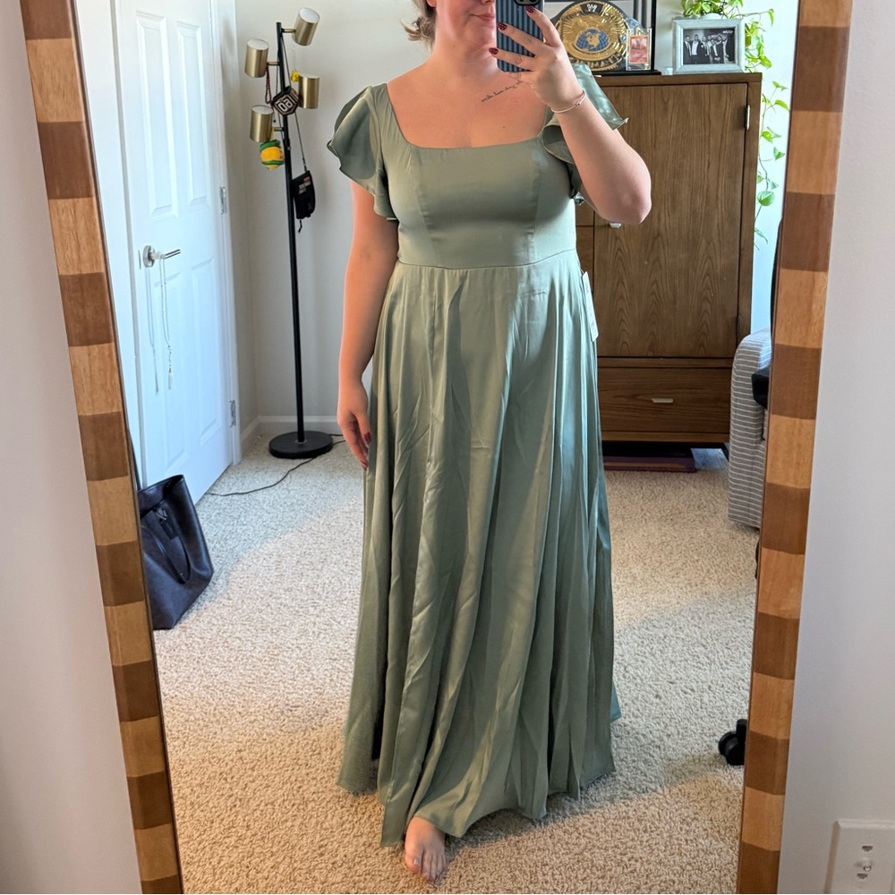 Azazie Retired Bondi Stretch Satin Matcha Dress with Flutter Sleeves Size A16